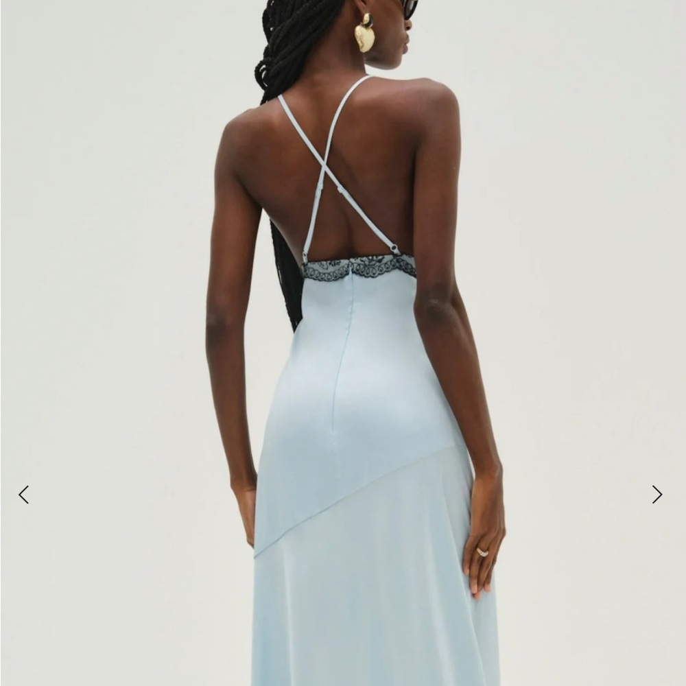 NWT
For Love & Lemons Pale Blue Maxi Dress with Black Lace Trim - Picture 2 of 4